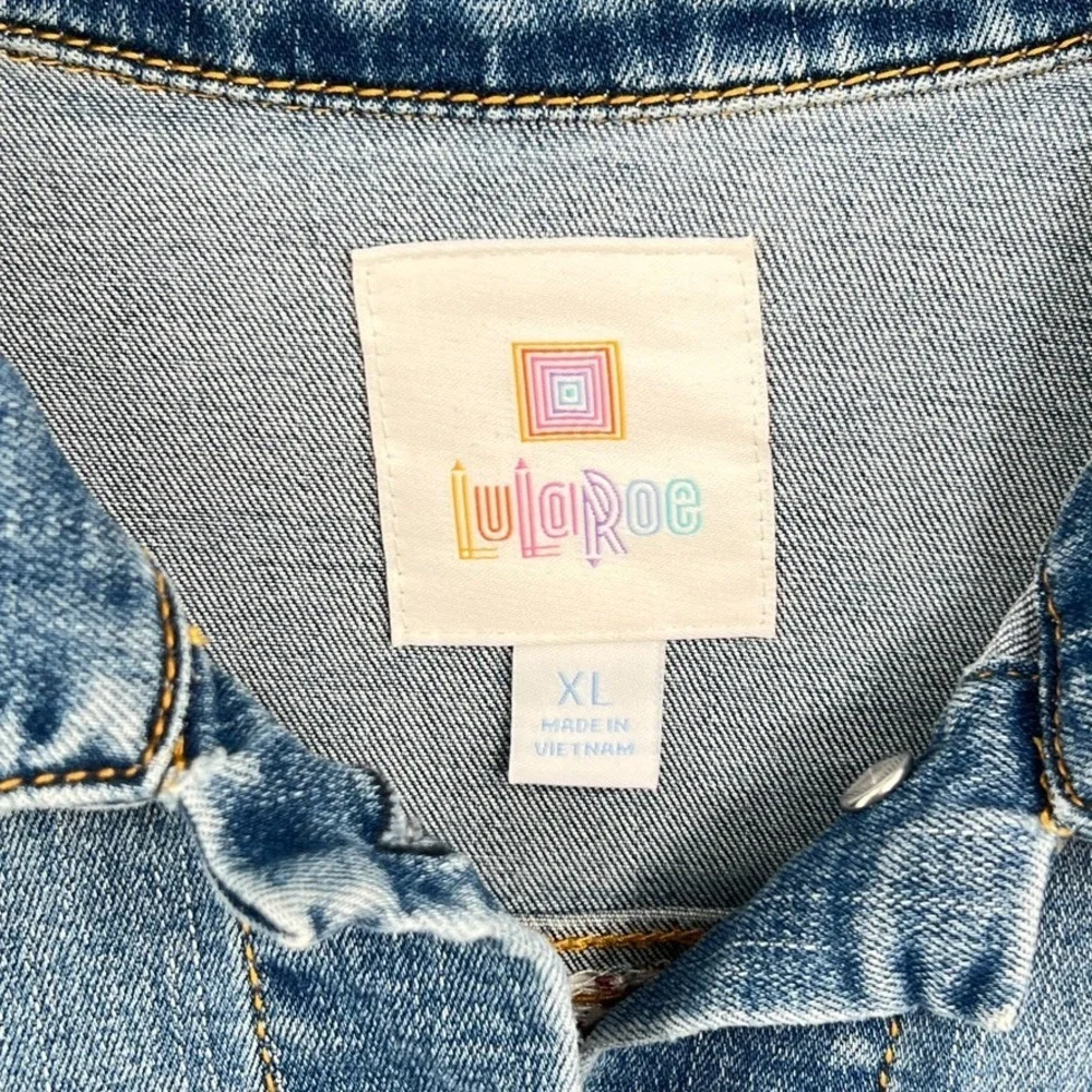 LuLaRoe Jaxon Denim Jacket XL Southwestern Aztec Knit Back Panel Boho Western
